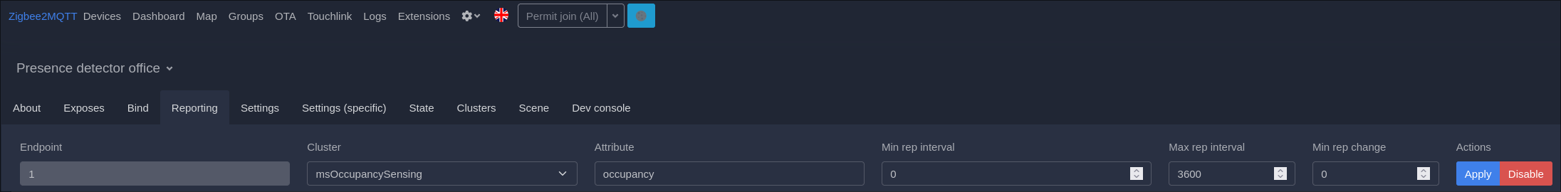 Zigbee reporting configuration