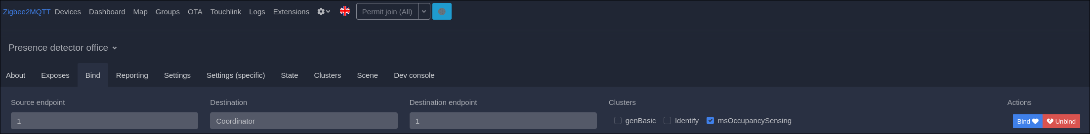 Zigbee bind configuration
